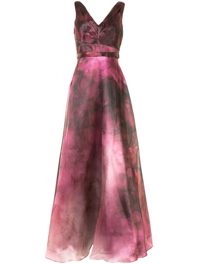 Marchesa Notte Long Sleeveless Printed Organza Gown In Plum