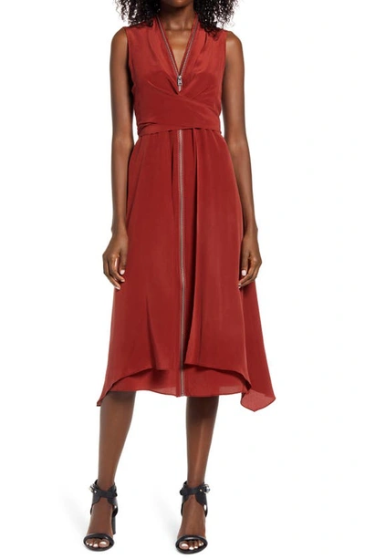 Allsaints Jayda Exposed Zip Sleeveless Silk Dress In Rust Red