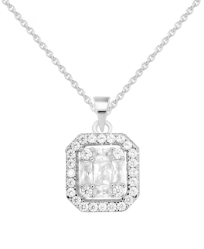 Essentials Cubic Zirconia Rectangle Halo Pendant Necklace, 16" + 2" Extender In Silver Or Gold Plate