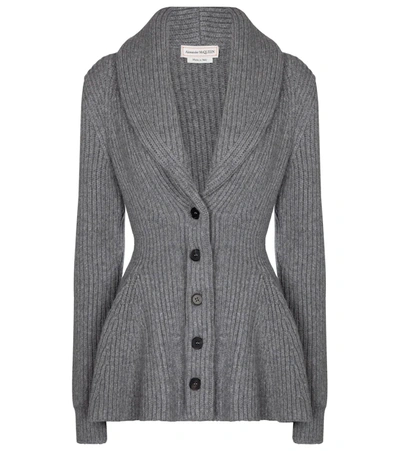 Alexander Mcqueen Wool Ribbed Knit Long Cardigan W/peplum In Grey