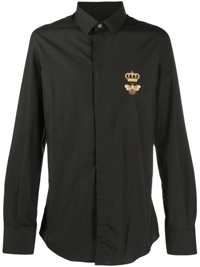 Dolce & Gabbana Shirt With Crown And Bee Embroidery In Nero