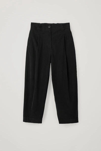 Cos Cotton Wide-leg Pleated Cord Trousers In Black