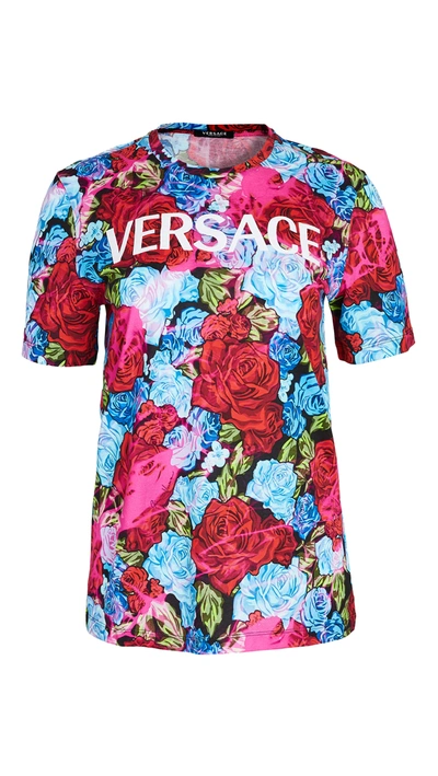 Versace T-shirt Donna Bio + Ricamo In Rosso/azzurro/fuxia