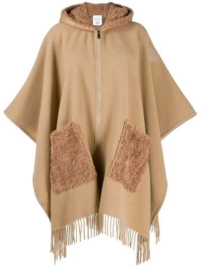 Moncler Fleece-trimmed Zipped Wool Poncho In Neutrals