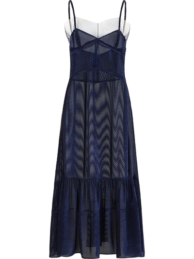 Fendi Tulle Trim Burnout Velvet Midi Dress In Blue