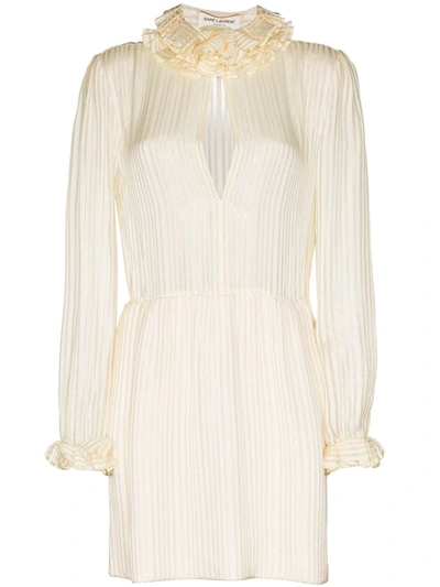 Saint Laurent Ruffled Metallic Striped Silk-blend Mini Dress In Neutrals