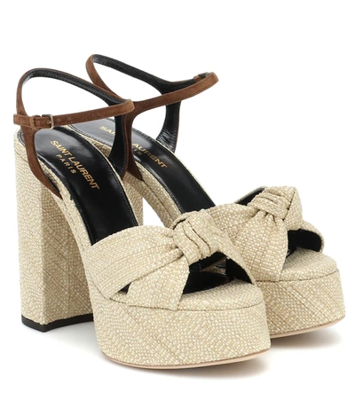 Saint Laurent Bianca Suede-trimmed Raffia Platform Sandals In Neutral