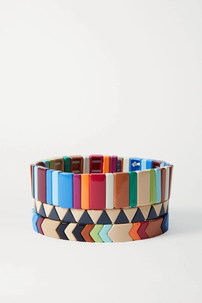 Roxanne Assoulin Grounded Rainbow Set Of Three Enamel And Gold-tone Bracelets In Brown