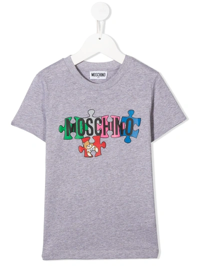 Moschino Kids' Logo Puzzle-print T-shirt In Grey