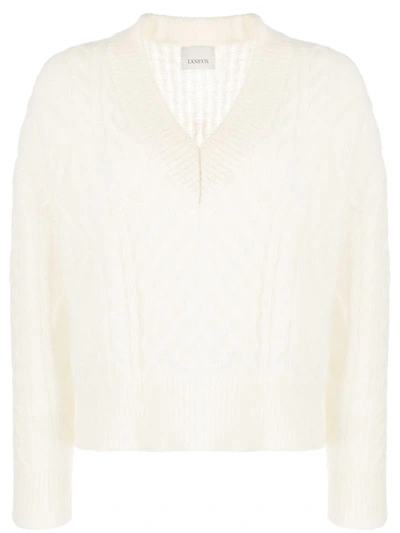 Laneus Cable-kint V-neck Jumper In White