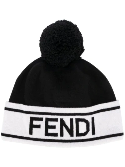 Fendi Logo Cotton And Wool Beanie In Black
