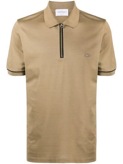 Ferragamo Embroidered-logo Zip-front Polo In Green