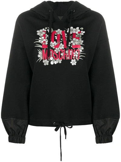 Love Moschino Logo Print Drawstring Hoodie In Black