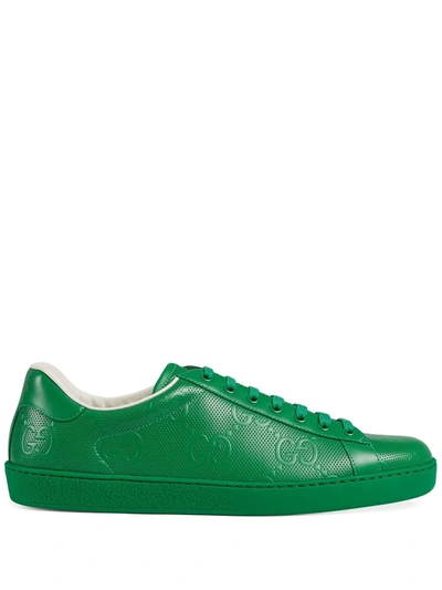 Gucci New Ace Gg Embossed Leather Sneakers In Green