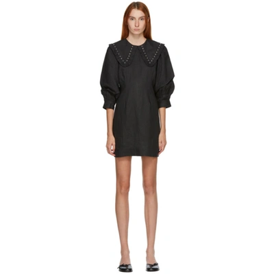 Ganni Ruffle-trimmed Studded Linen Mini Dress In Black