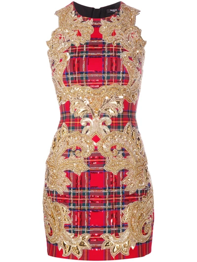 Balmain Sequin-embellished Plaid Cocktail Dress In Red