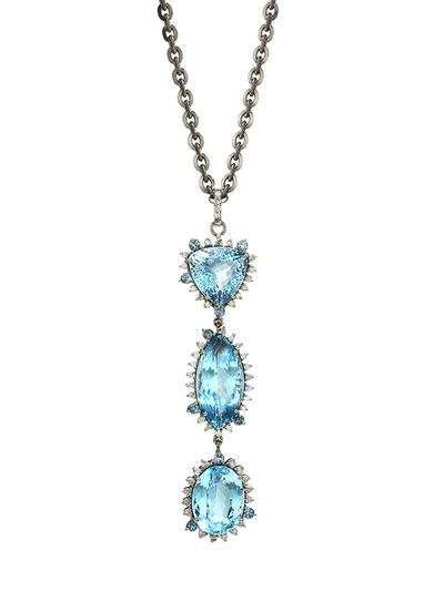 Nina Gilin Women's Black Rhodium-plated, Topaz & Diamond Triple-drop Pendant Necklace In Blue Topaz