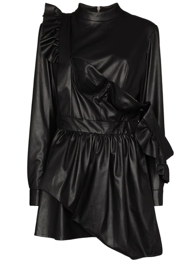 Natasha Zinko Black Faux Leather Ruffle Mini Dress