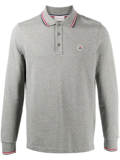 Moncler Logo Patch Stripe Detail Polo Shirt In Grey