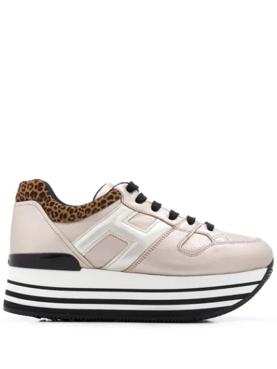 Hogan H222 Gold Sneakers With Leopard-print Heel Tab In Neutrals