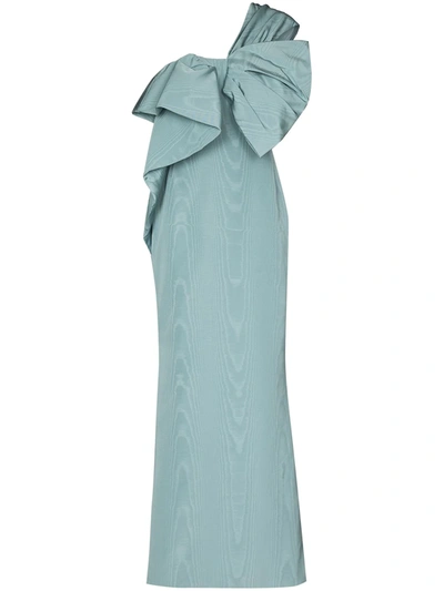Oscar De La Renta One-shoulder Bow-embellished Cotton-blend Moire Gown In Blue