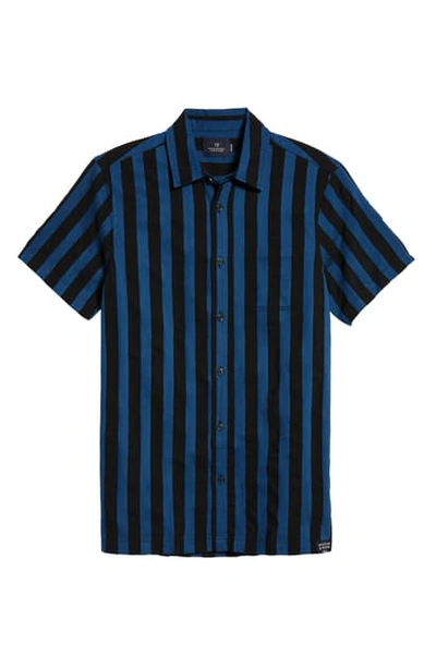 Scotch & Soda Stripe Trim Fit Short Sleeve Button-up Shirt In Blue