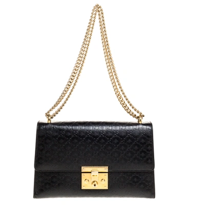Pre-owned Gucci Ssima Bee Embossed Leather Medium Padlock Shoulder Bag In Black