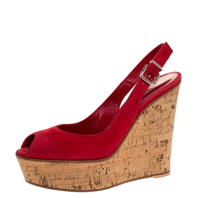 Pre-owned Gianvito Rossi Red Suede Leather Cork Wedge Peep Toe Platform Slingback Sandals Size 38.5