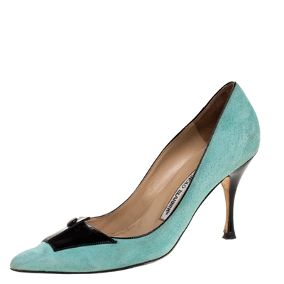 Pre-owned Manolo Blahnik Green Suede And Black Patent Button Embellished Pointed Toe Pumps Size 38