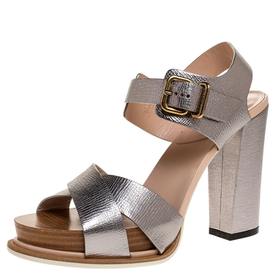 Pre-owned Tod's Grey Leather Platform Ankle Strap Sandals Size 38.5