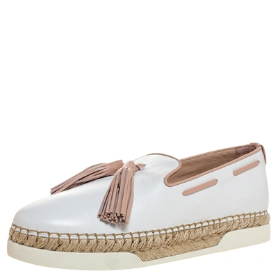 Pre-owned Tod's White Leather Tassel Detail Espadrille Loafers Size 37