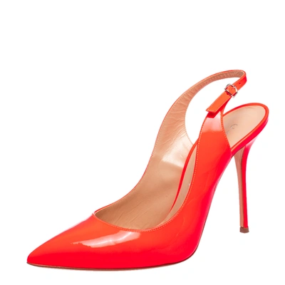Pre-owned Casadei Neon Orange Patent Leather Pointed Toe Slingback Pumps Size 38.5