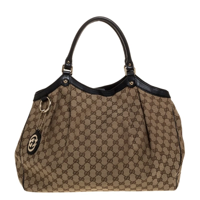 Pre-owned Gucci Beige/ebony Gg Canvas And Leather Large Sukey Tote
