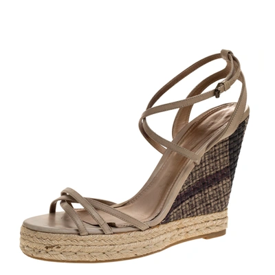 Pre-owned Burberry Pale Green Strappy Leather Woven Wedge Espadrille Sandals Size 39