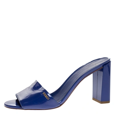 Pre-owned Fendi Blue Patent Leather Block Heel Slides Size 39