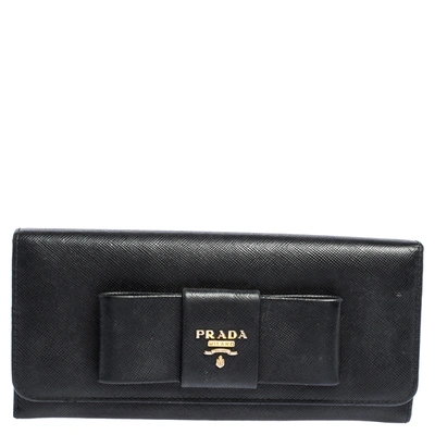 Pre-owned Prada Black Saffiano Leather Bow Continental Wallet