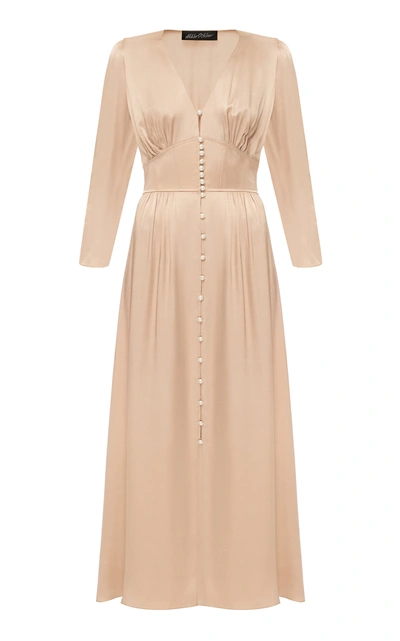 Anna October Marta Ruched Satin Midi Dress In Neutral