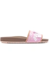 Fendi Bow-embellished Embroidered Stretch-knit And Leather Slides In Pink