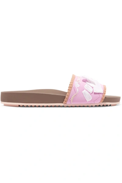 Fendi Bow-embellished Embroidered Stretch-knit And Leather Slides In Pink