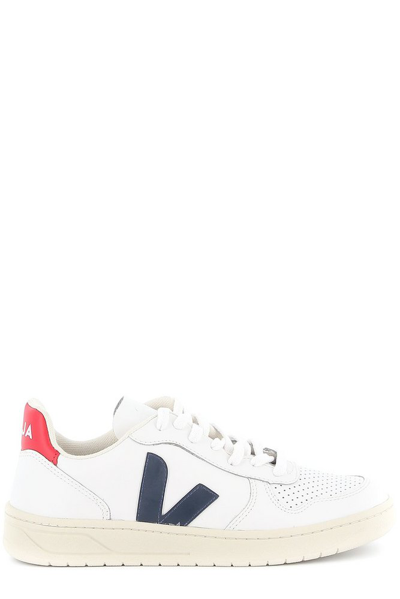 Veja V-10 Lace-up Sneakers In White,blue,red