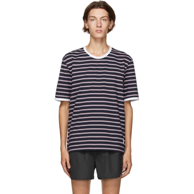 Thom Browne T-shirt In Cotone Rigata Blu In Navy