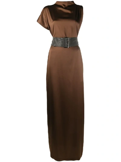 Brunello Cucinelli Women's Asymmetric Belted Stretch-silk Gown In Brown