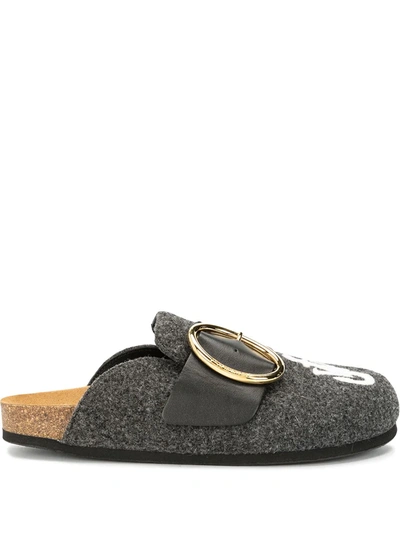 Jw Anderson Logo-embroidered Buckled Felt Backless Loafers In Grey