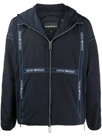 Emporio Armani Navy Hooded Logo-tape Shell Jacket In Blue