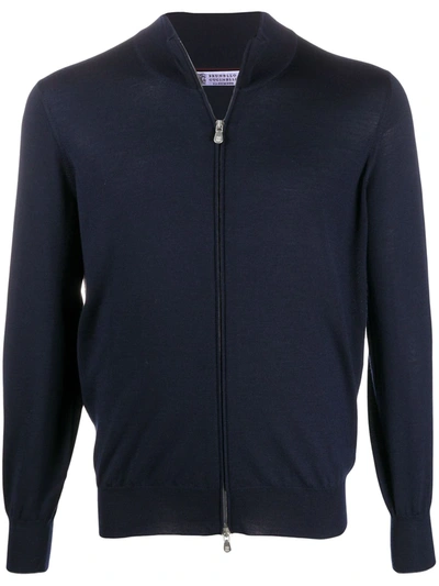 Brunello Cucinelli High-neck Zip-through Sweater In Blue