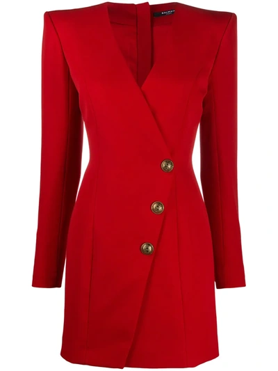 Balmain Short Button Wrap Dress In Red