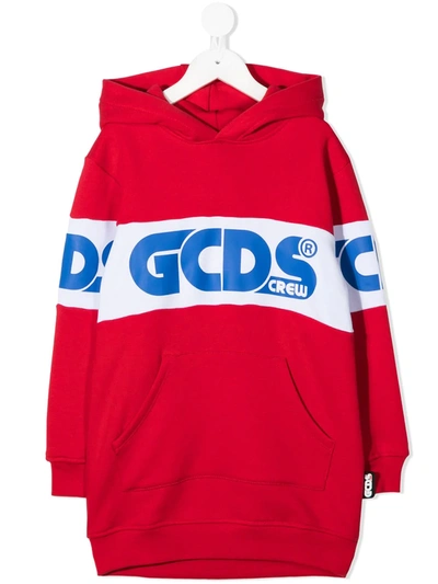 Gcds Kids' Crew Logo Print Hoodie In Red