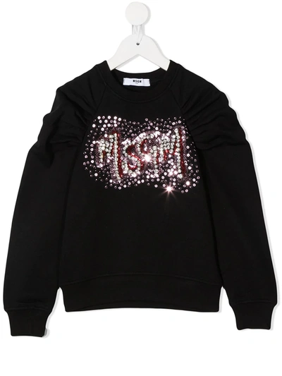 Msgm Kids' Sequin Embellished Gathered Sweatshirt In Black