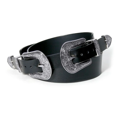 Aggi Black Leather Belt With Two Silver Ornament Buckles