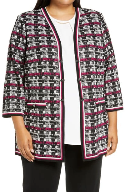 Ming Wang Check Knit Jacket In Rose/ Stone/ivory/ Black